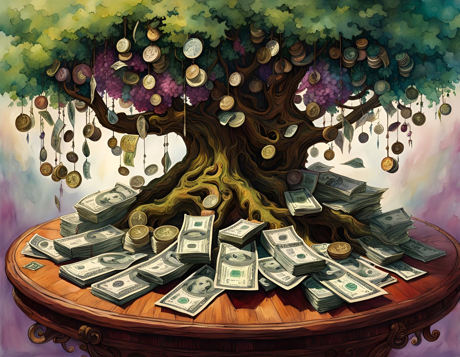 Folk Art Money Tree with Bills and Coins