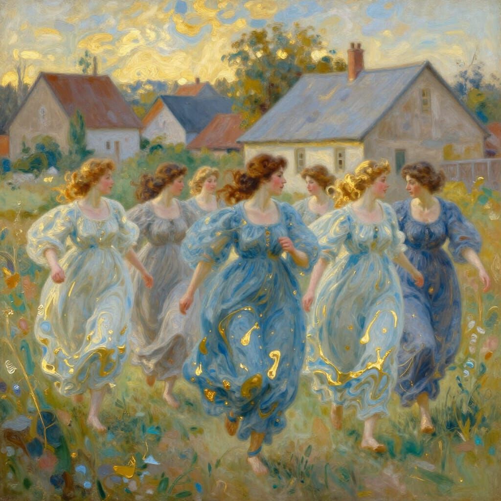 Ethereal Women in Flowing Dresses Run Village in Oil Paintin...