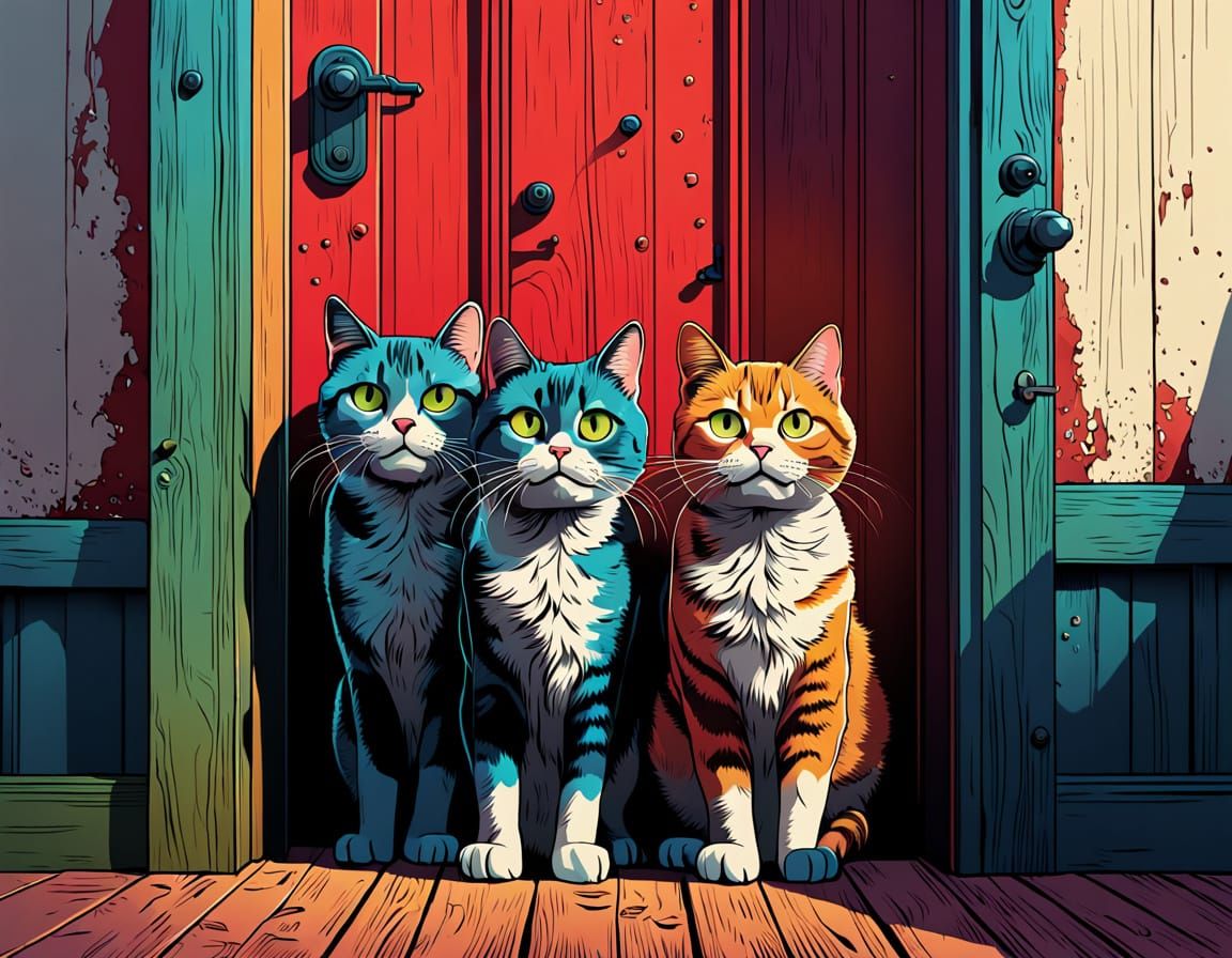 Whimsical Comic Book Cats Emerge from a Rustic Door