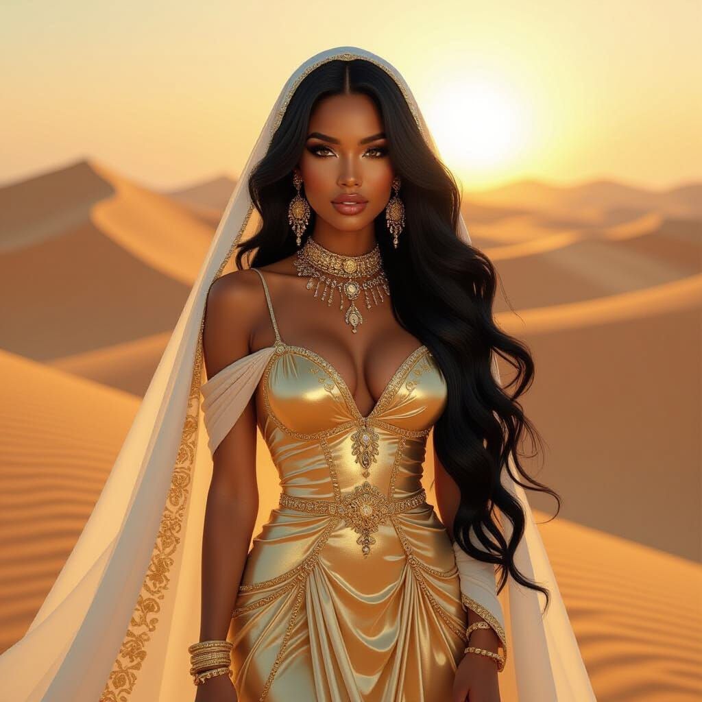 Regal Desert Queen in Golden Dress