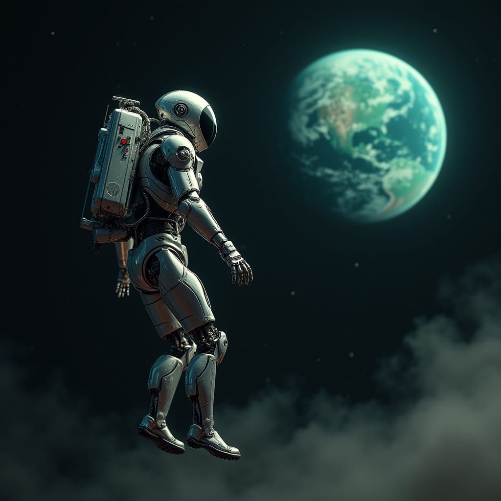 Robot Gazing at Earth in Futuristic Style