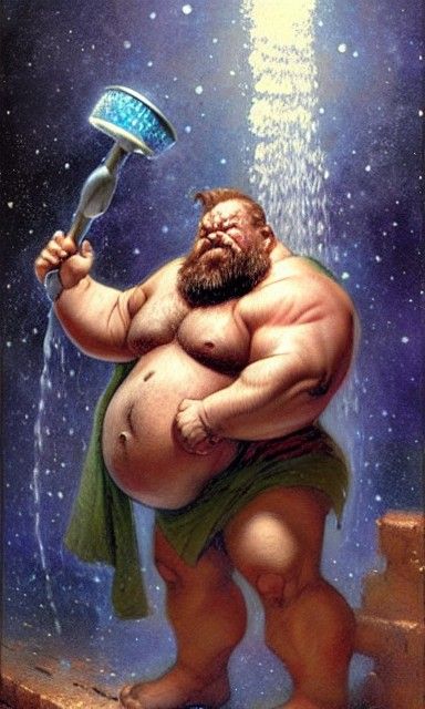 Dwarf Strongman Showering in Space: Comic Book Style