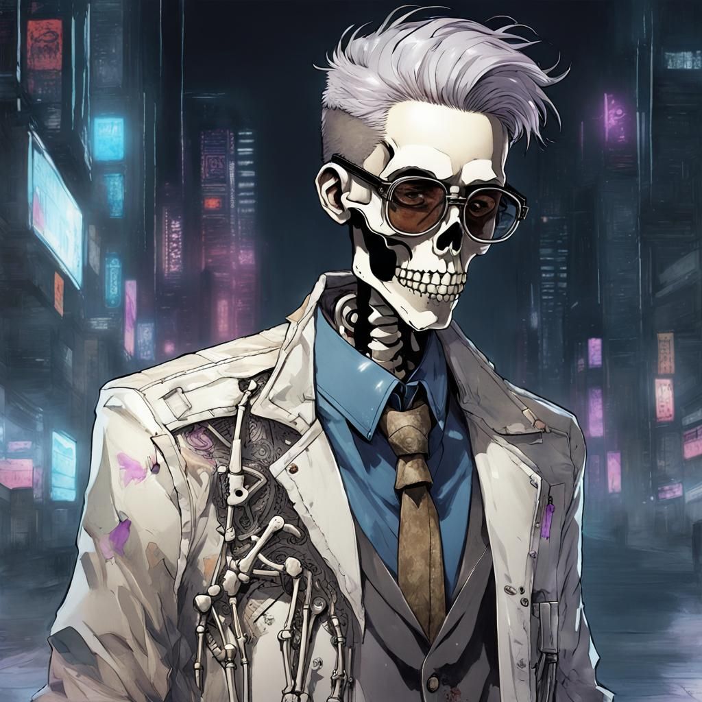 Cyberpunk Skeleton Detective in Manga Style