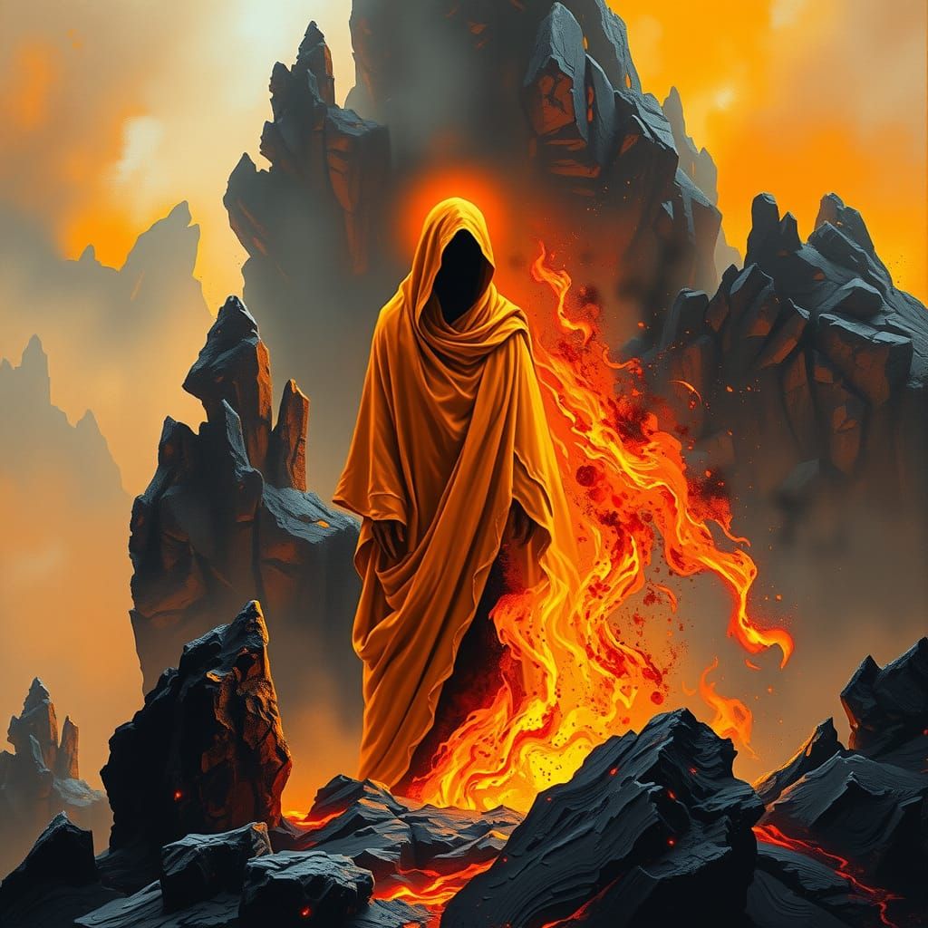 Mystical Figure in Fiery Robe, Surreal Oil Painting