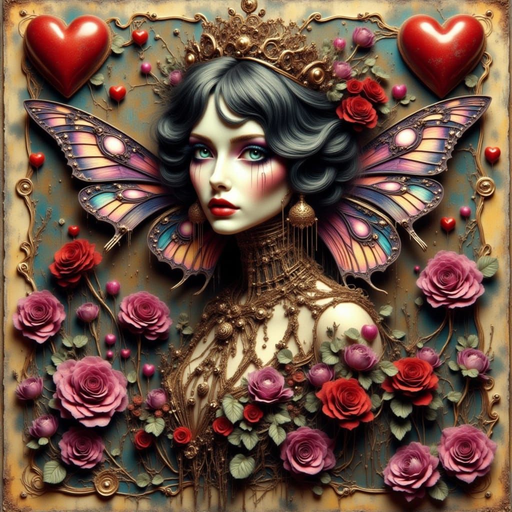 Queen of Hearts Moth in Cyberpunk Gothic Style