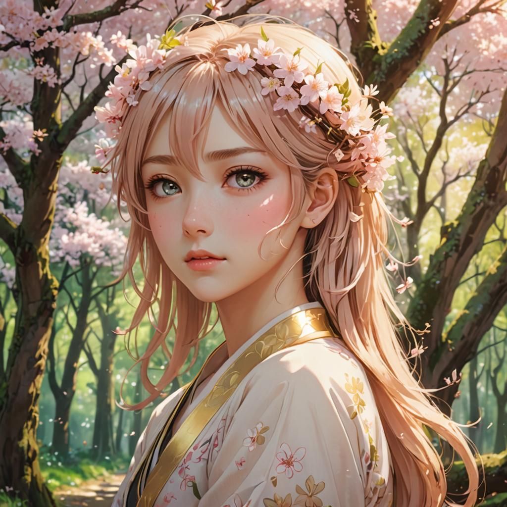 Anime Woman in Forest with Cherry Blossoms