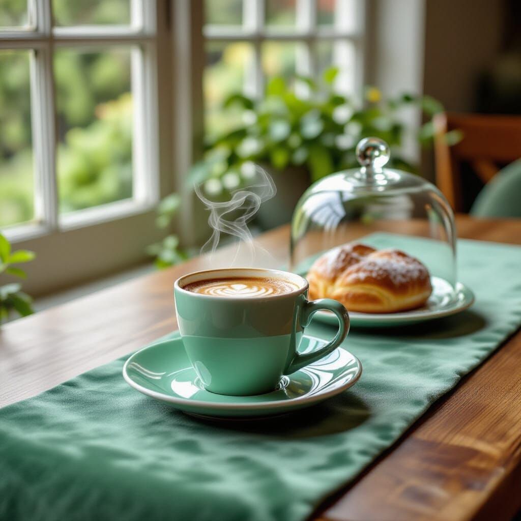 Moss Green Velvet Runner with Jade Coffee Cup in Cafe