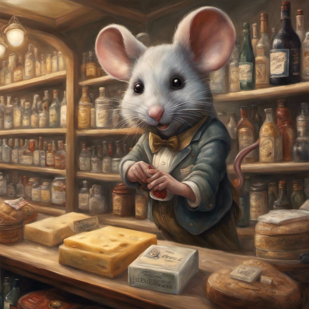 Hyperrealistic Giant Mouse Cashier in a Grocery Store