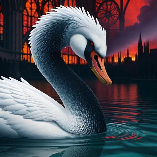 Surreal Swan in Gothic Cathedral, Black Light Art