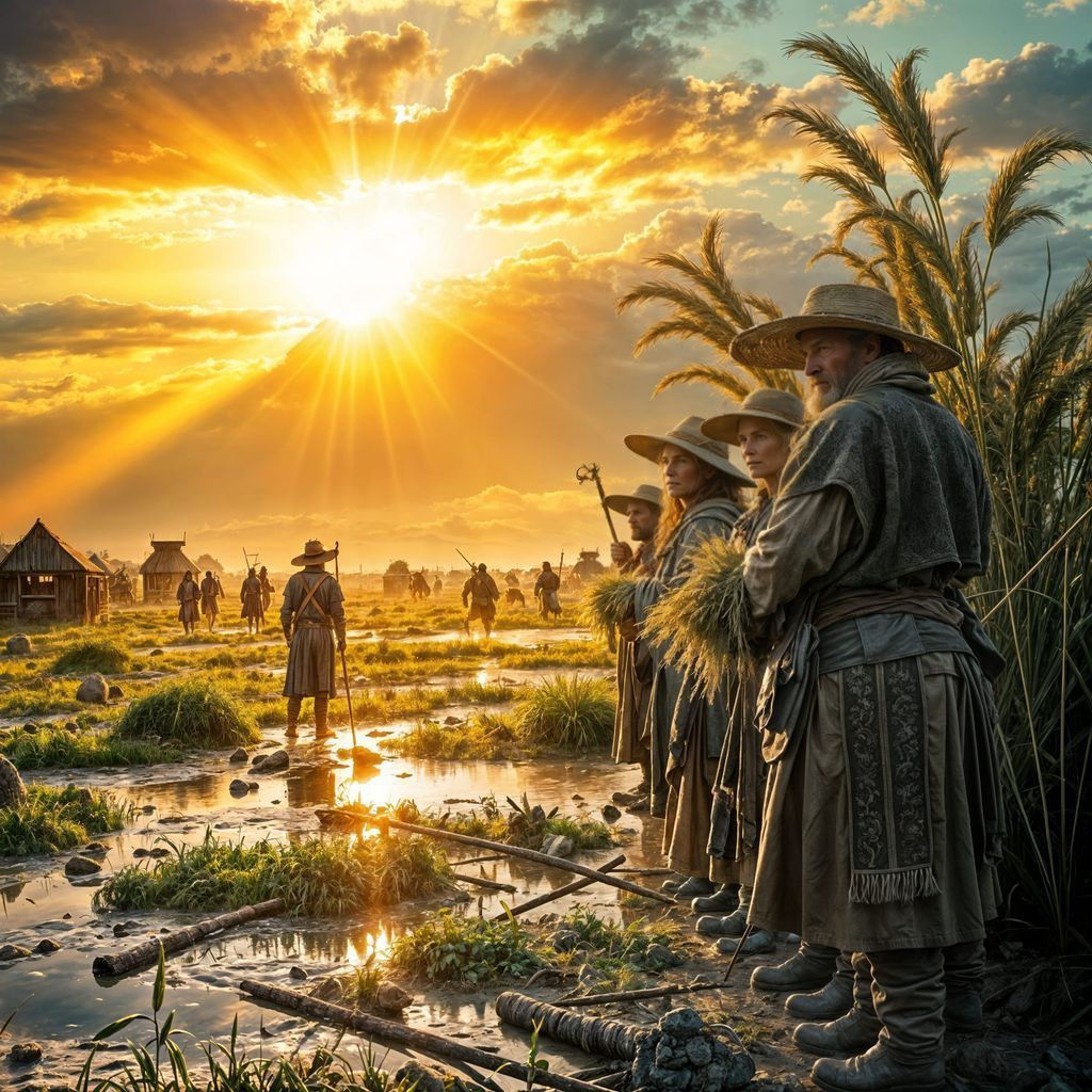 Epic Harvest Celebration at Sunrise Over Swampy Plains