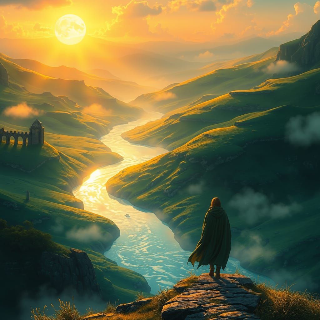 Fantasy Landscape at Sunrise with Ancient Ruins and Crystal ...