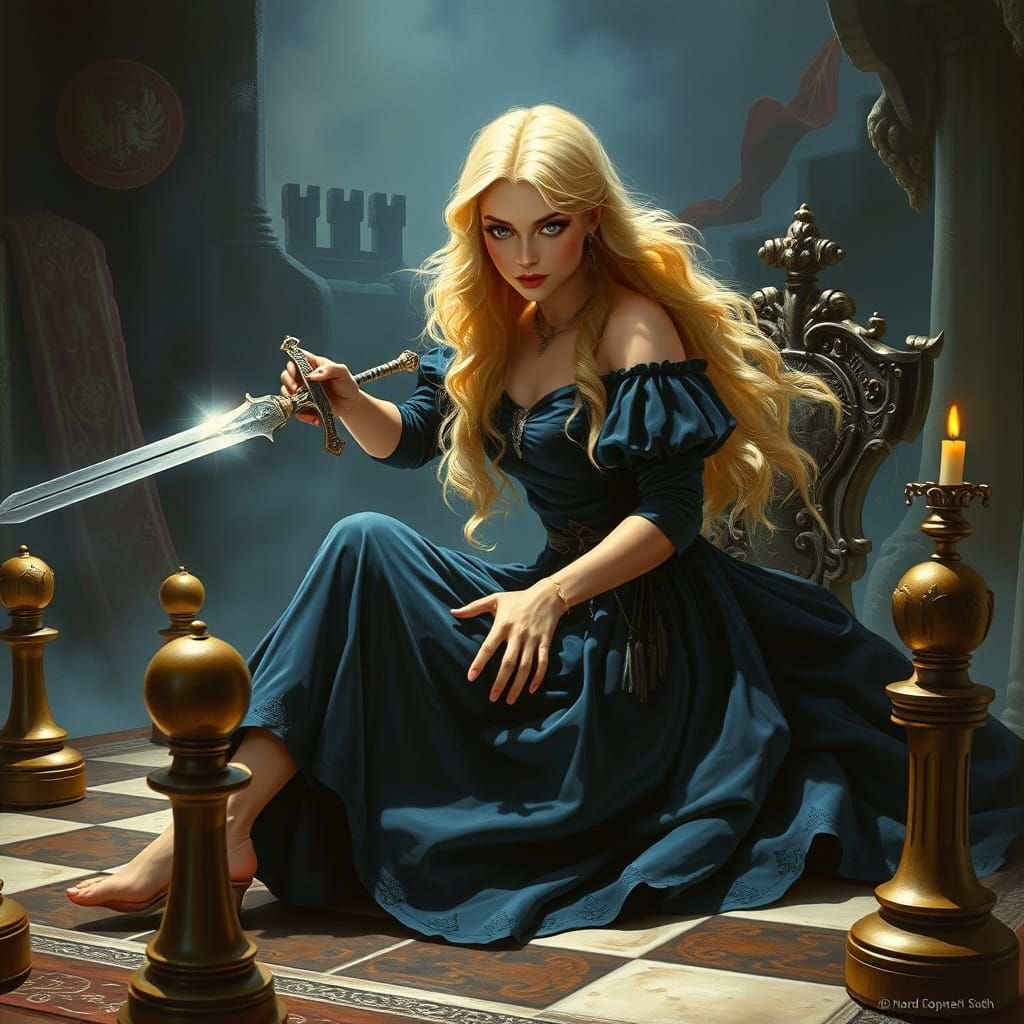 Medieval Princess on Chessboard with Sword