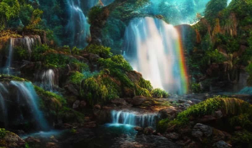 Rainbow Waterfall and Fairy Pools in Elvish Landscape