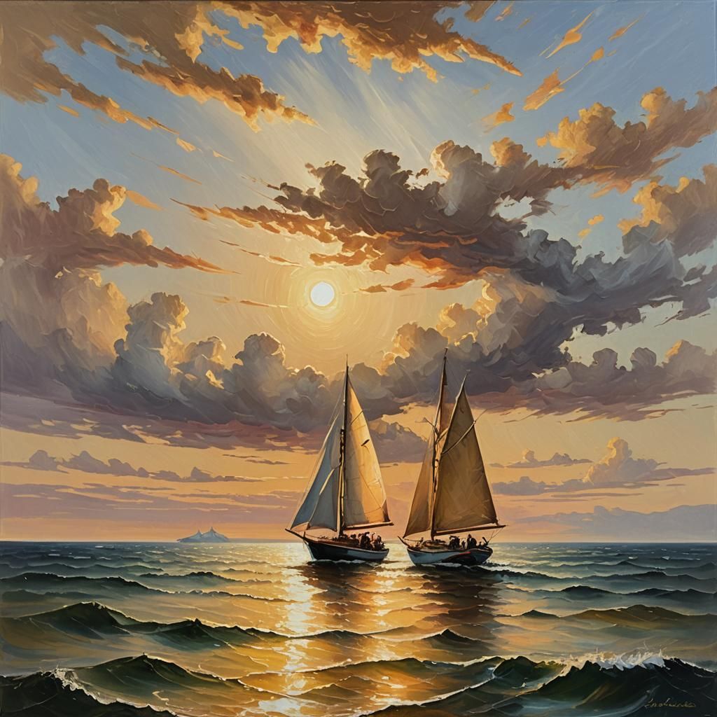Golden Hour Sailboat Painting with Warm Colors
