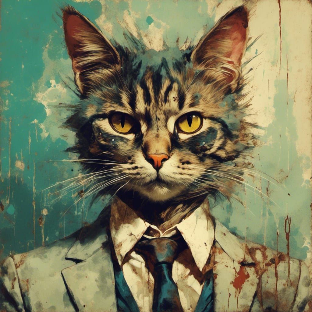 Cyborg Cat in Suit: Vintage Pin-Up Oil Painting