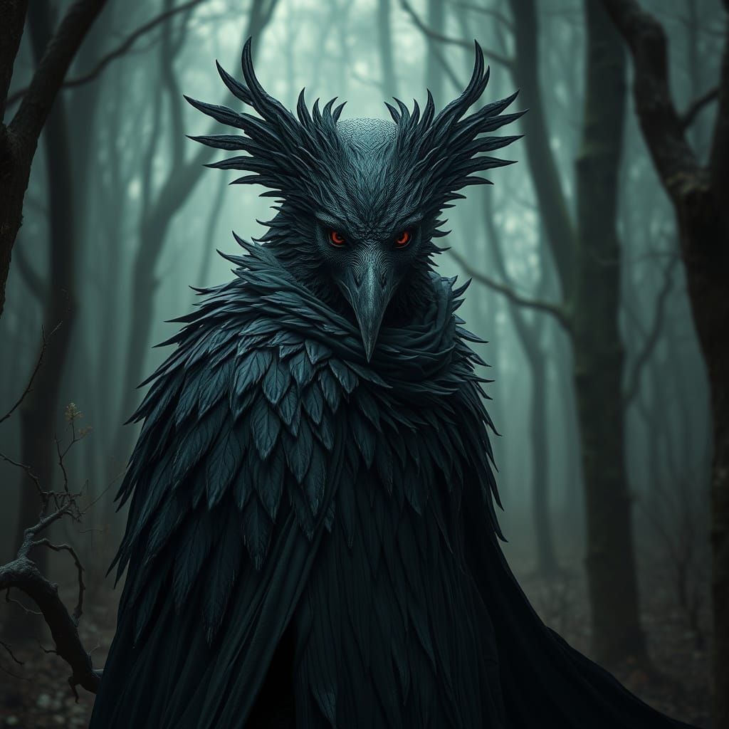 Mystical Raven Humanoid in Forest, Digital Art