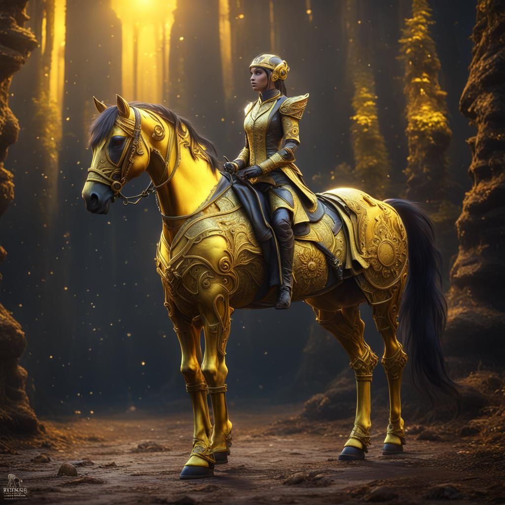 Mysterious Metallic Yellow Horse: Fantasy Concept Art