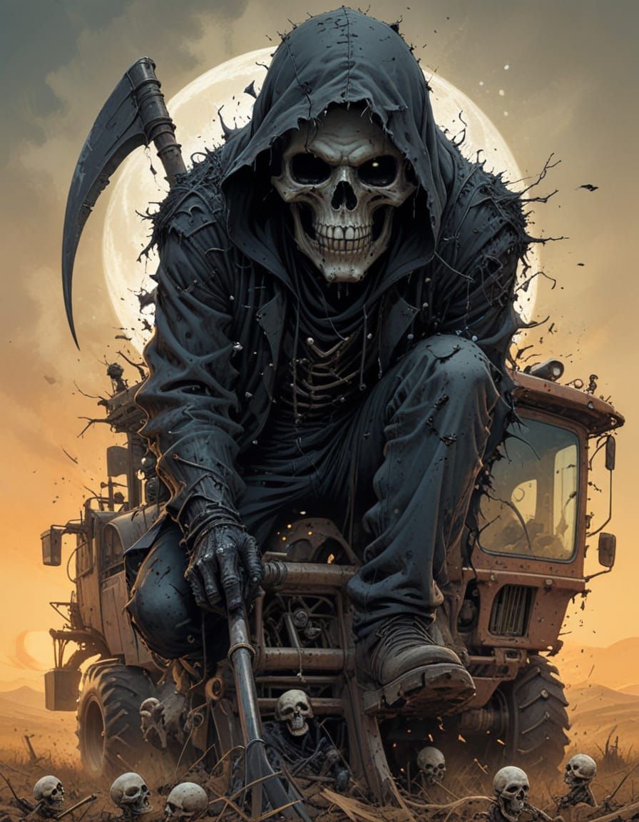 Arrogant Grim Reaper Rides a Combine Harvester