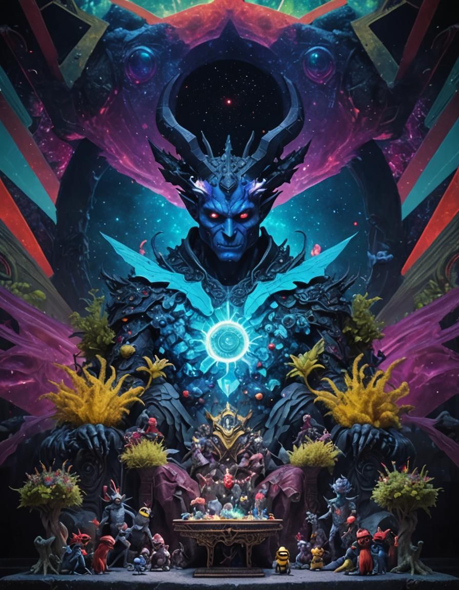 Demon King on Cosmic Altar in Gothic Horror Style