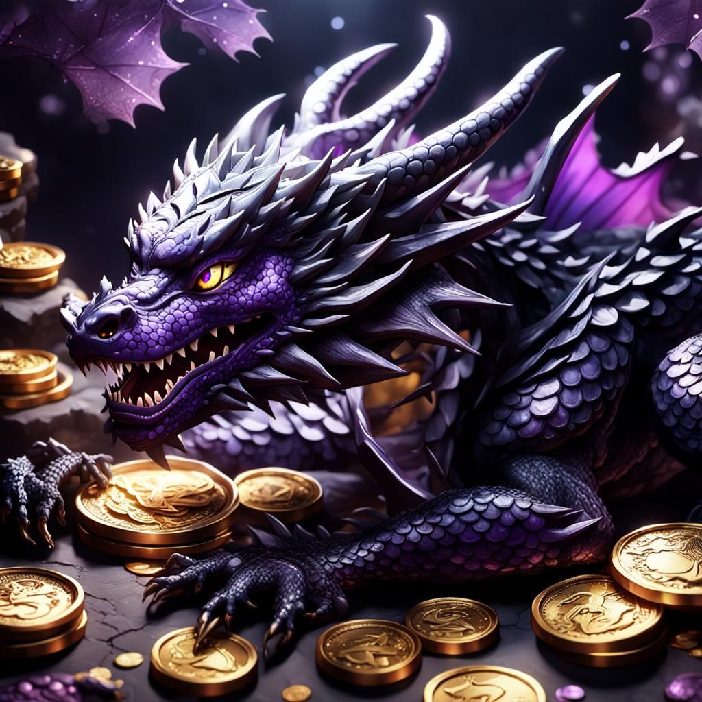 Purple Dragon on Gold Coins, 3D Anime Art