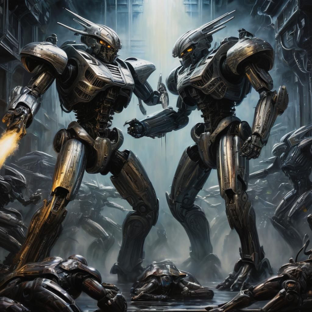 Epic Mecha Battle in Metallic Colors