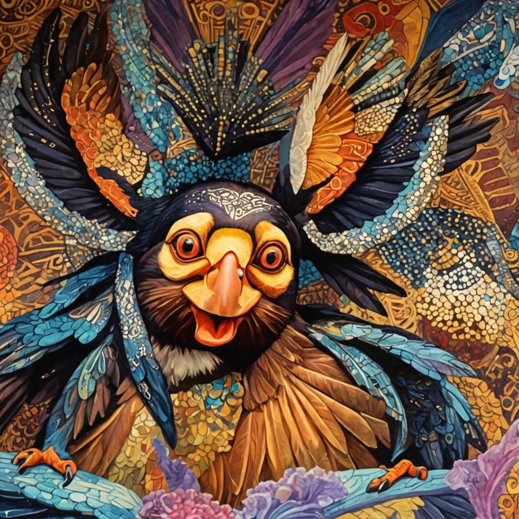 Psychedelic Puffin Depicted as Egyptian God Statue