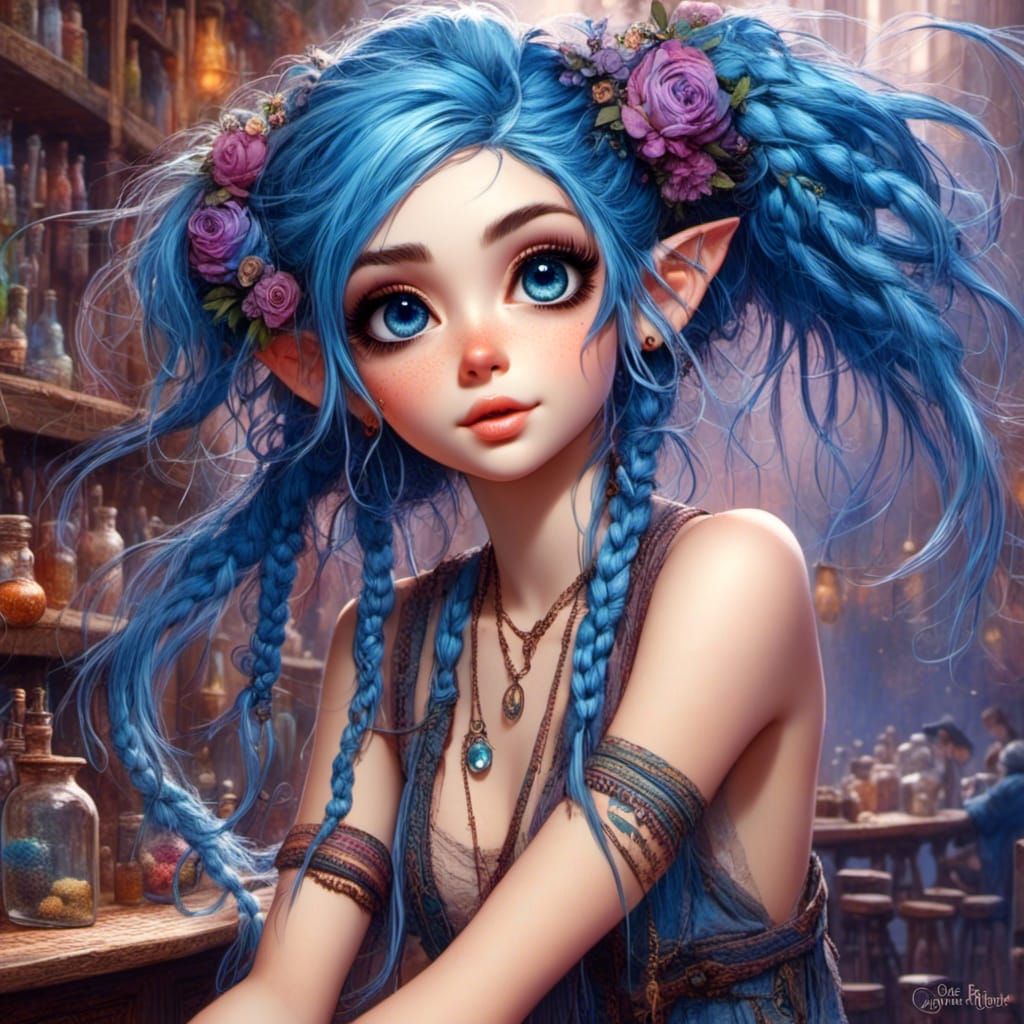 Blue-Haired Girl with Tattoos in Punk Style