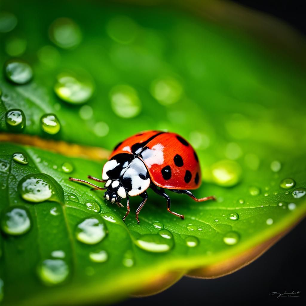 Hyperrealistic Ladybug Sheltering from Rain Under Leaf