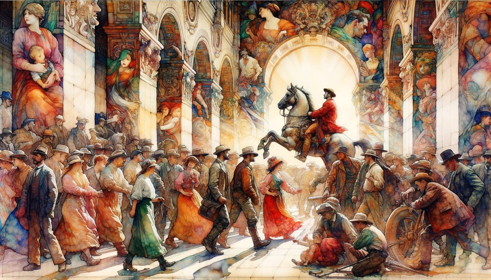 Vibrant Muralist-Style Watercolor Painting of Everyday Life