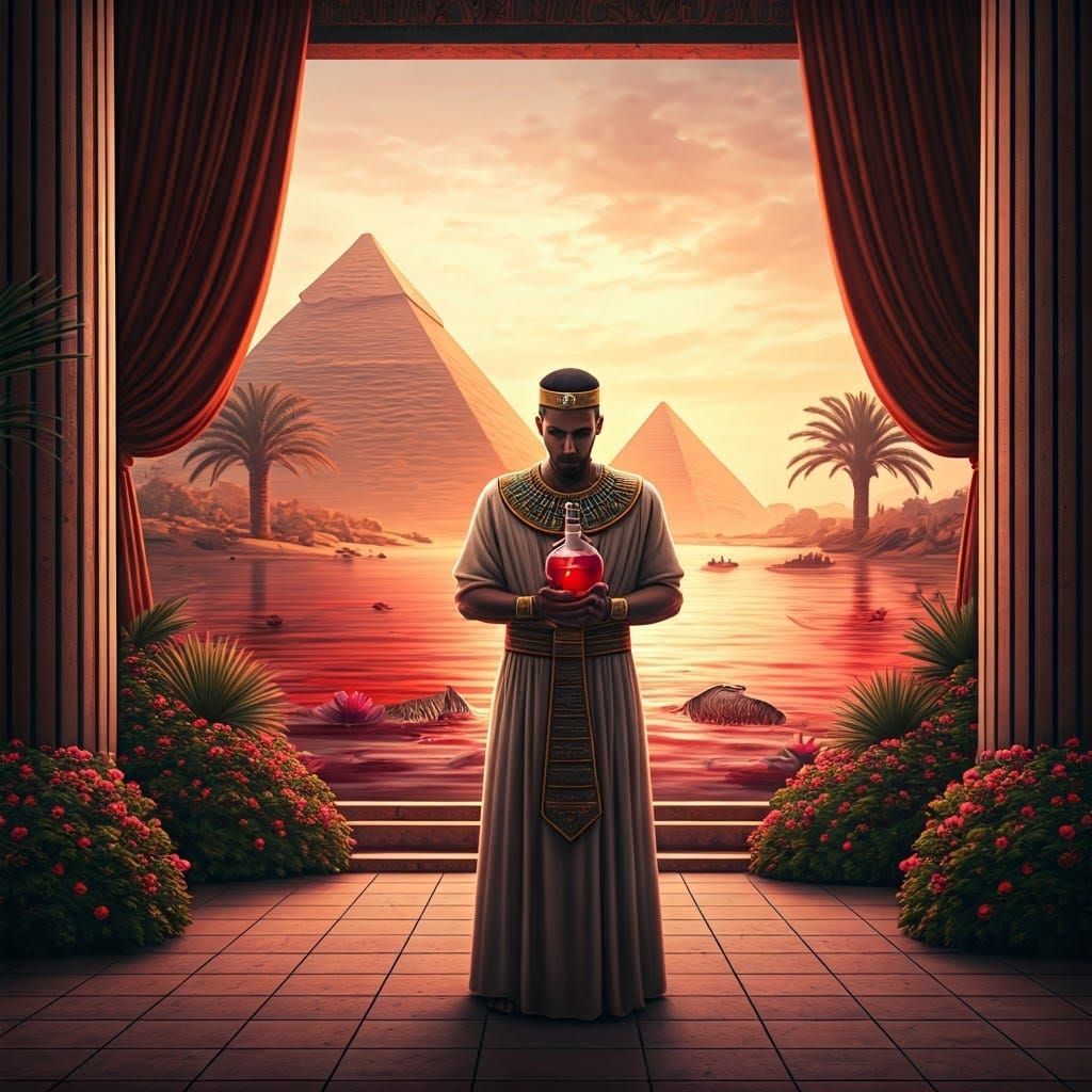 Egyptian Man with Red Water in Eerie Palace Garden