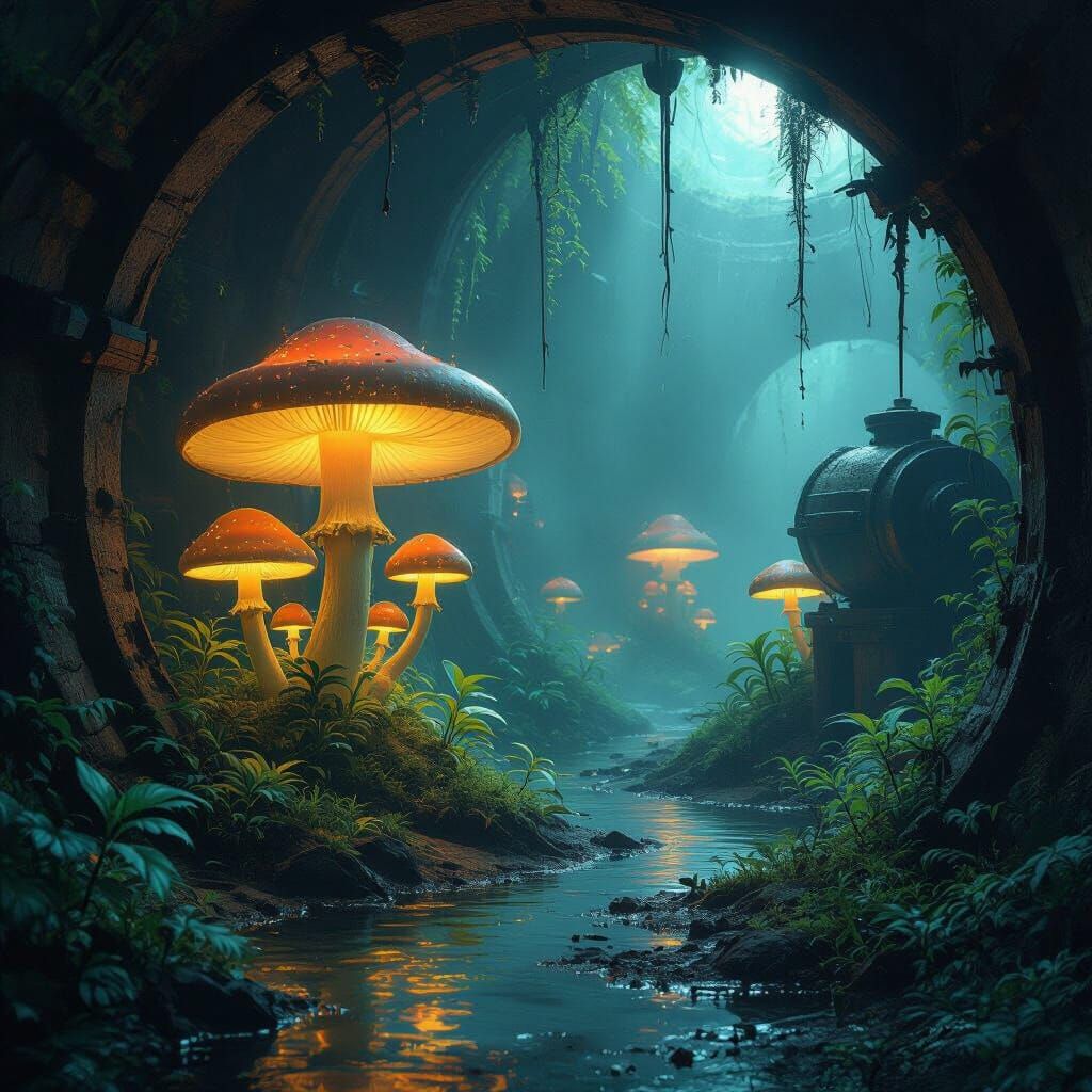 Bioluminescent Garden in Abandoned Mineshaft: Hyperrealistic...