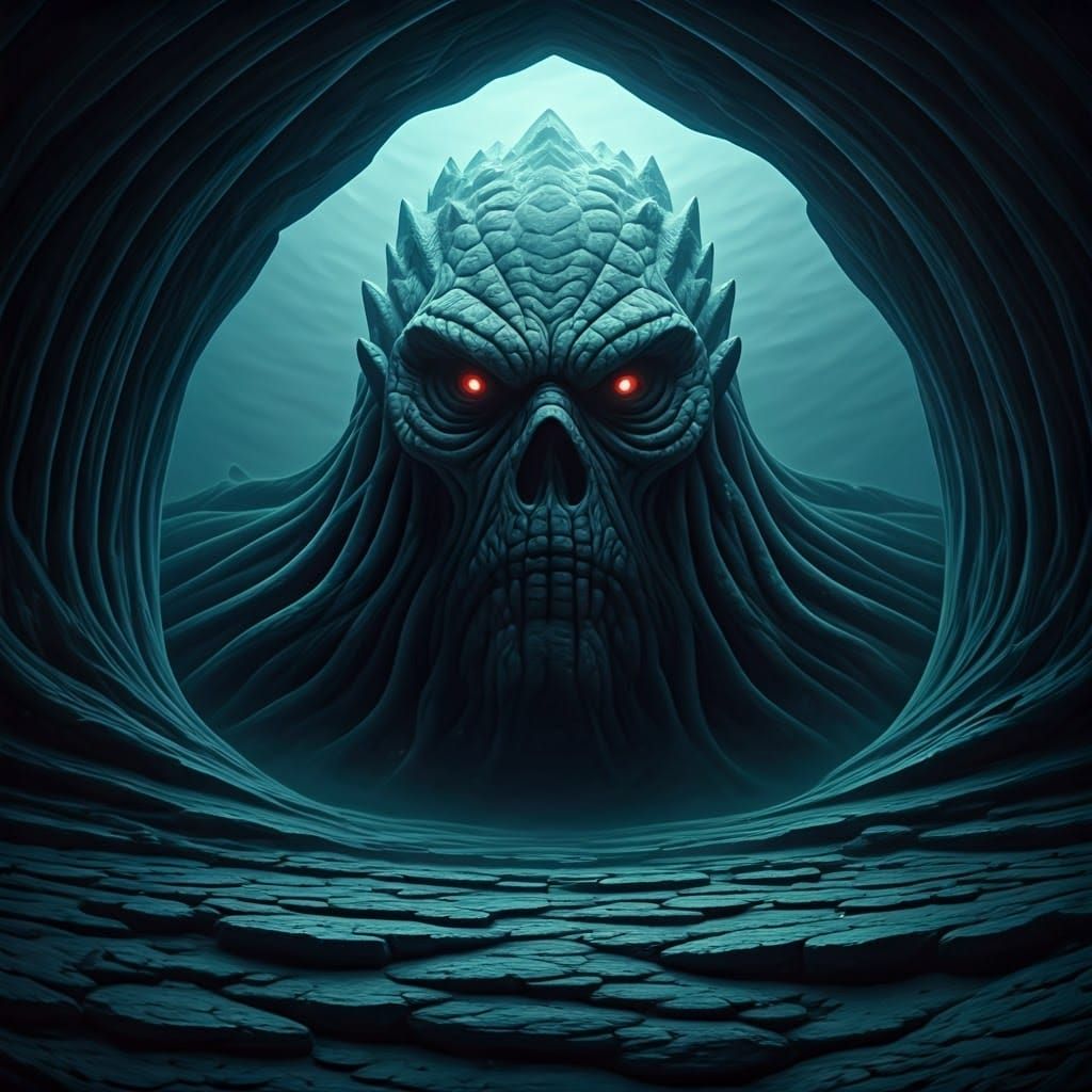 Eldritch Horror Creature on Ocean Floor in Dark Fantasy Art