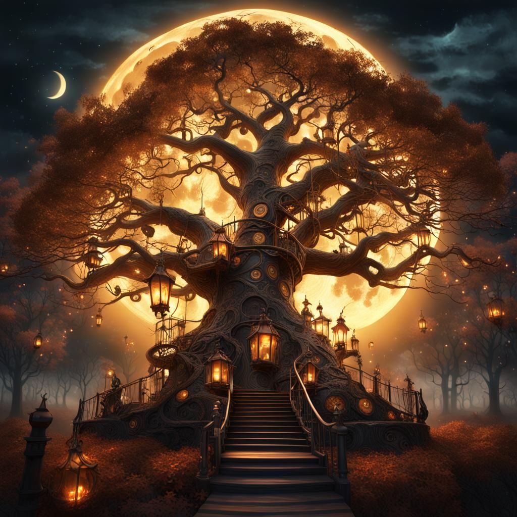 Steampunk Halloween Tree in Moonlit Forest