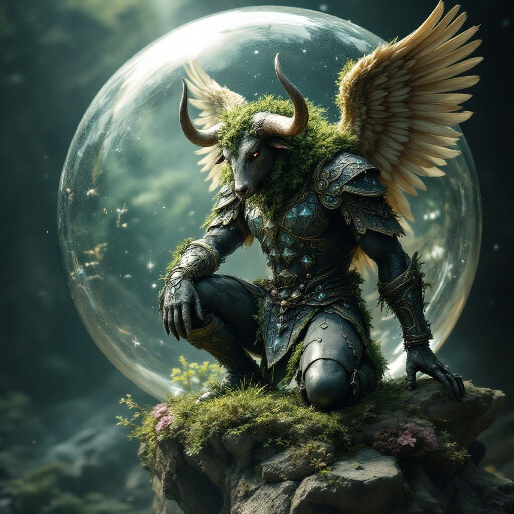 Mystical Bull-Headed Creature in Surreal Crystal Bubble