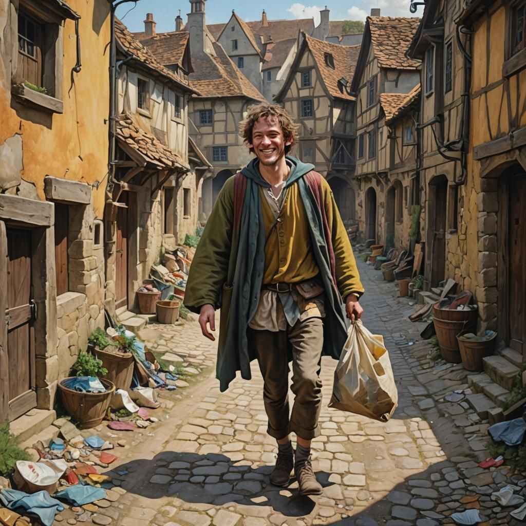 Cheerful Man Walks Through Medieval Village