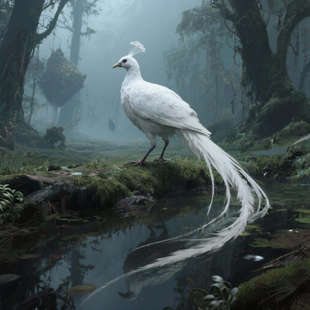 White Peacock in Forest, Digital Art Style