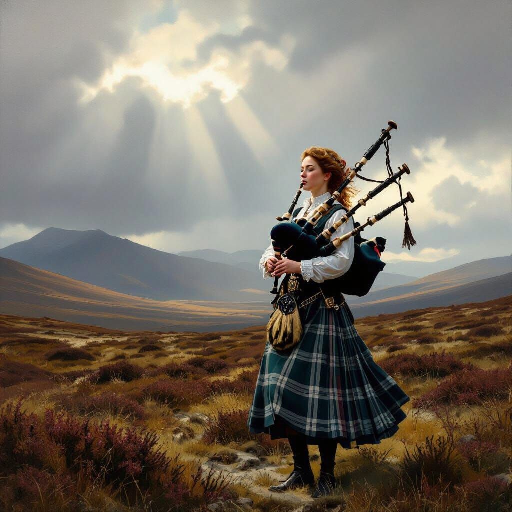 Scottish Woman Playing Bagpipes on Windswept Moor
