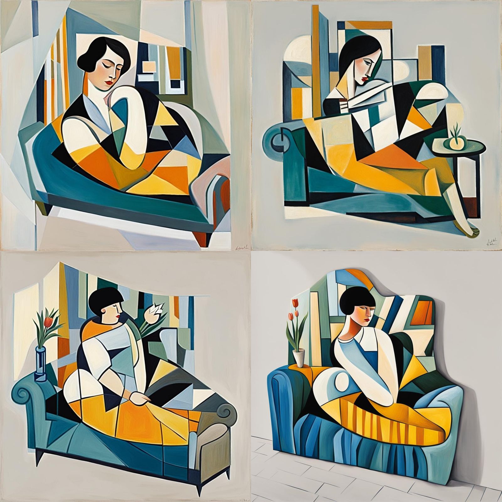 Cubist Woman on Sofa in Picasso Style