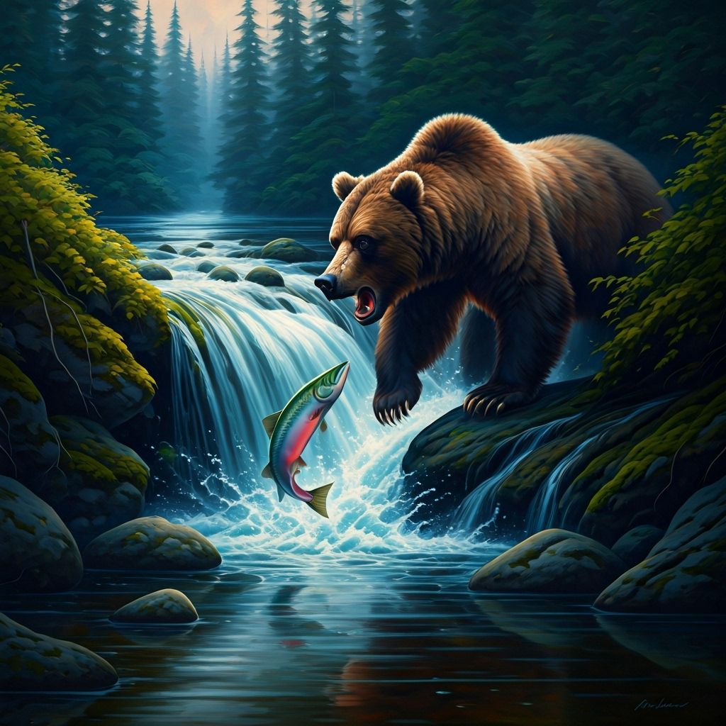 Salmon Leap Over Rocks As Bear Hunts in Mountain Stream