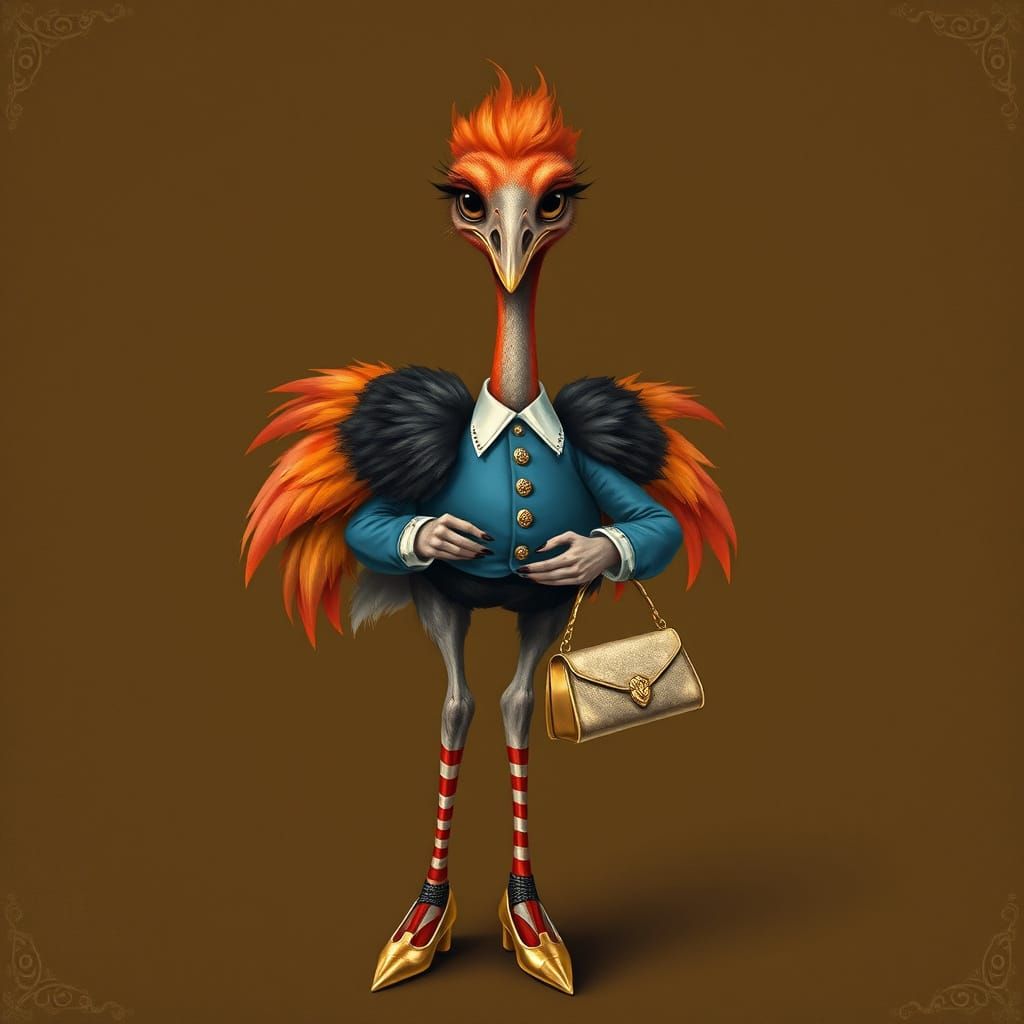 Anthropomorphic Ostrich in Elegant Attire
