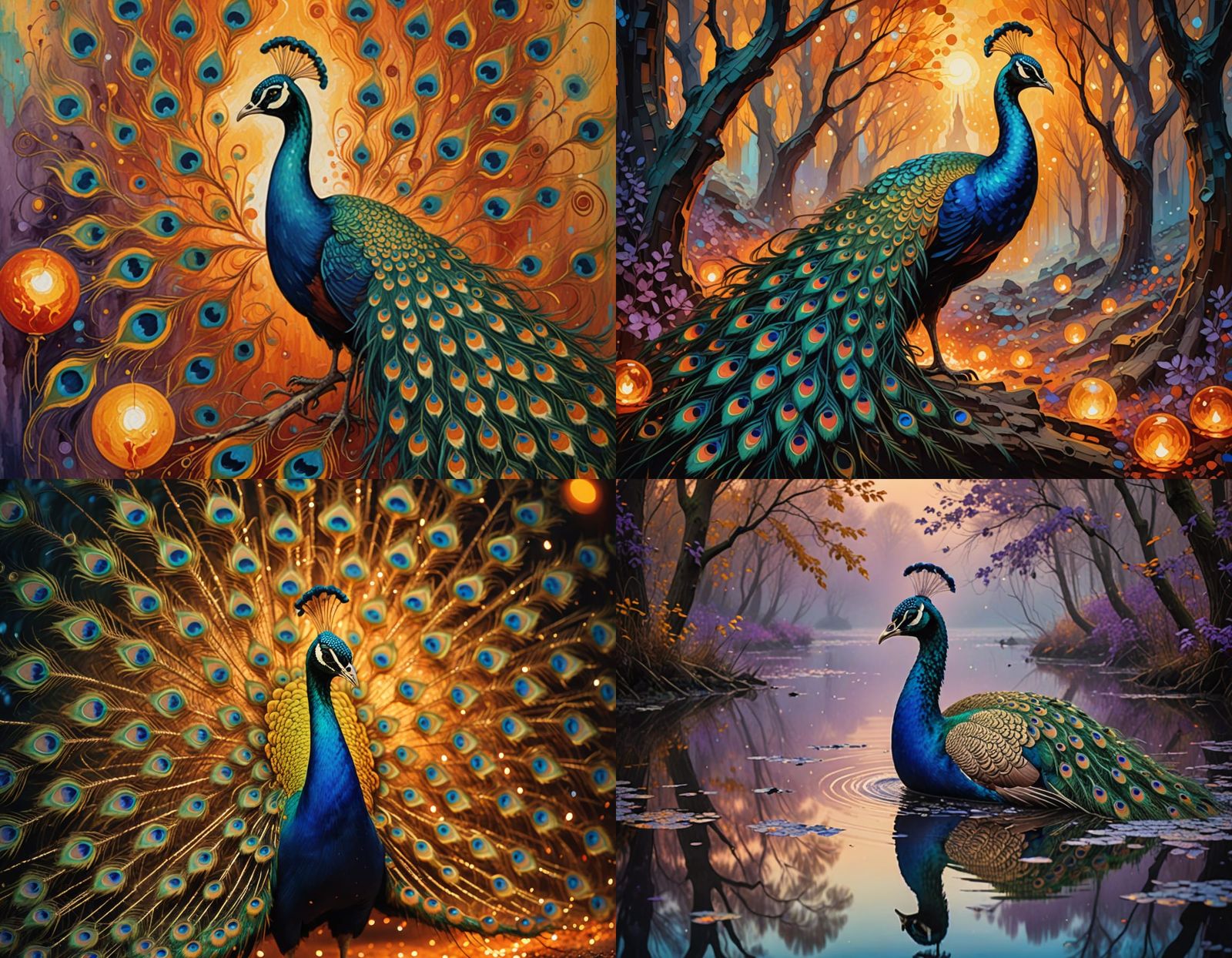 Majestic Peacock in Fiery Splendor in a Symbolist Painting S...