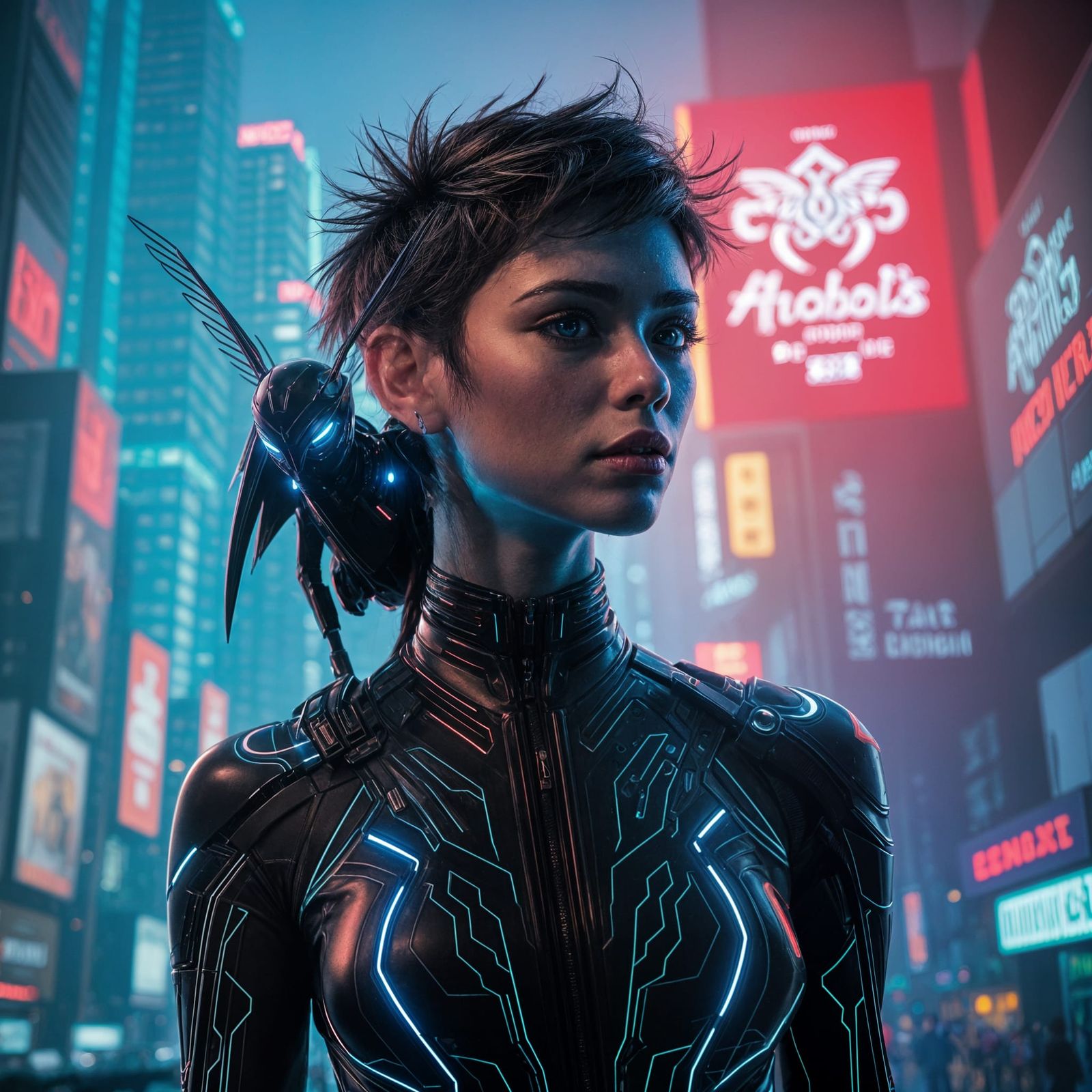 Cyberpunk Goddess with Cybernetic Companion in Futuristic Ci...