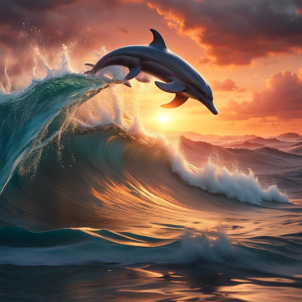 Dolphin Leaps at Sunset: Detailed Fantasy Art