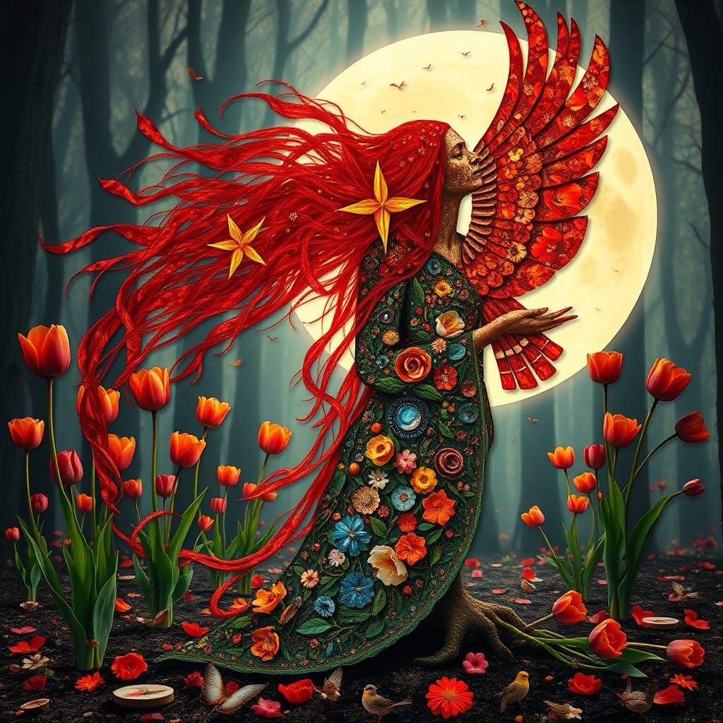 Blodeuwedd: Flower and Owl Goddess in Art Nouveau Style