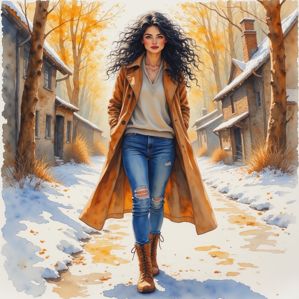 Woman in Winter Village on Sunny Day, Expressive Watercolor