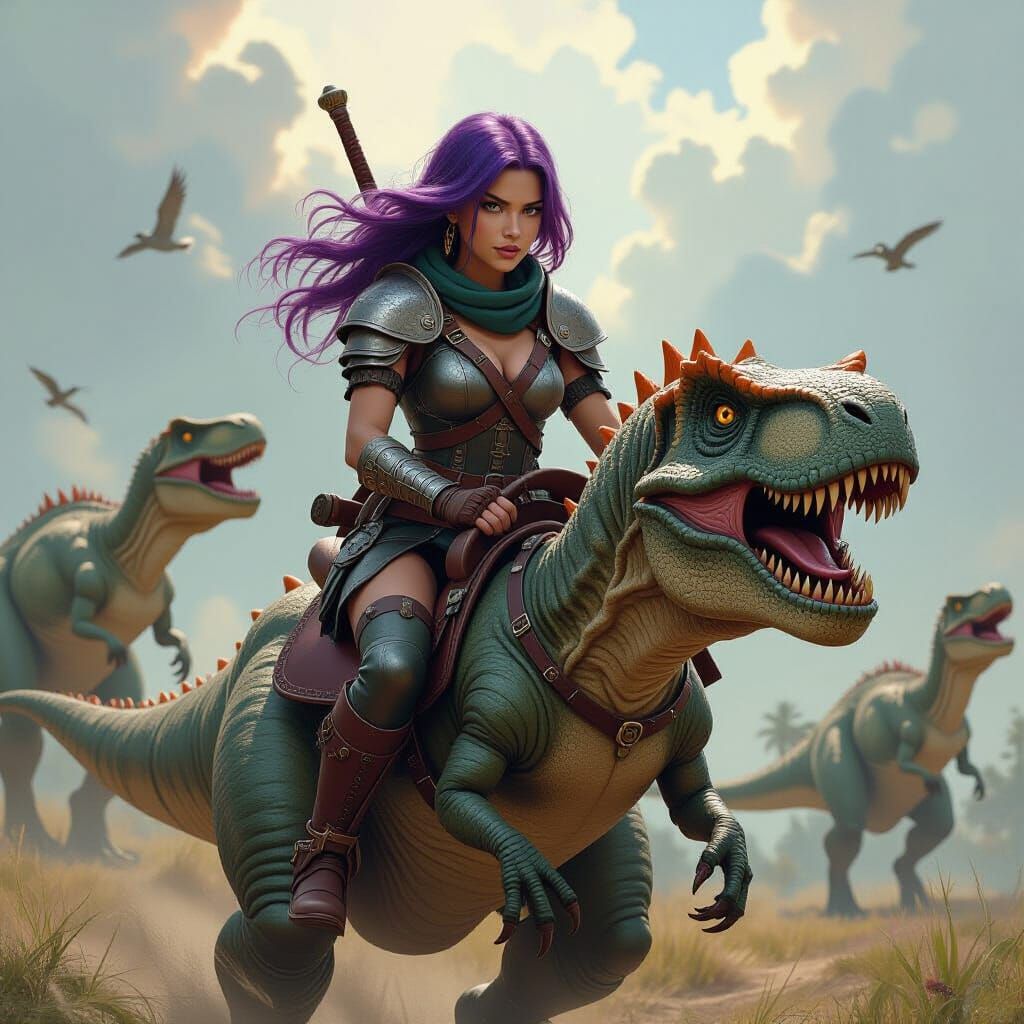 Girl Riding T-Rex in Fantasy Art Style