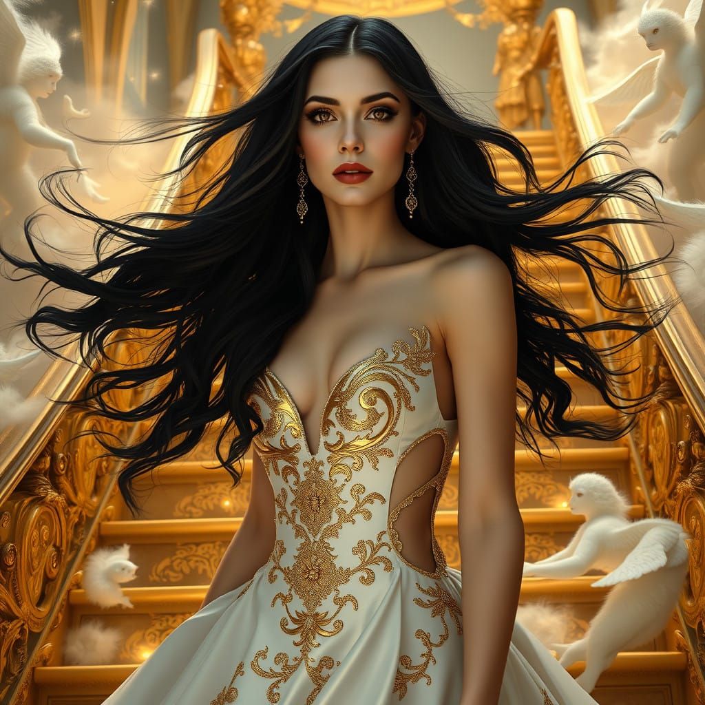 Gothic Goddess Descends Grand Stairway