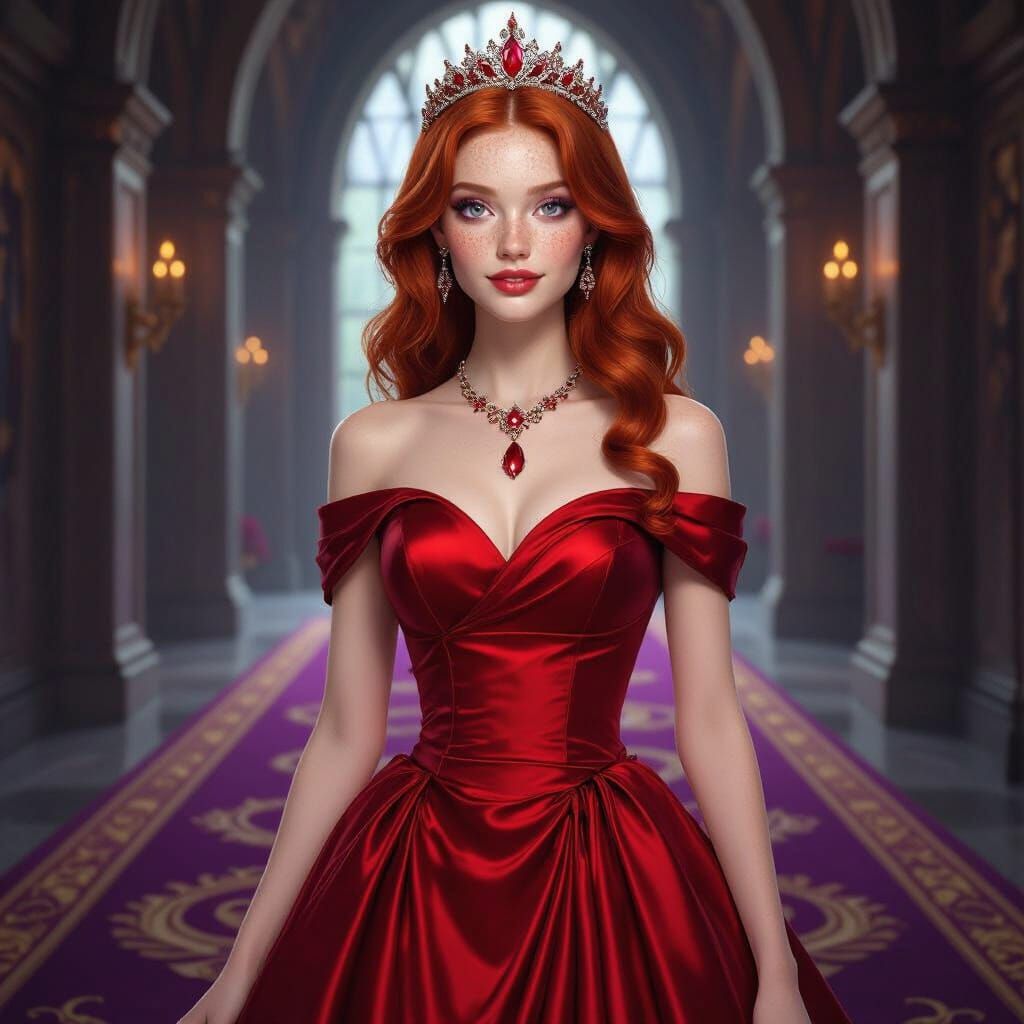 Red-Haired Woman in Ruby Gown in Castle Hall