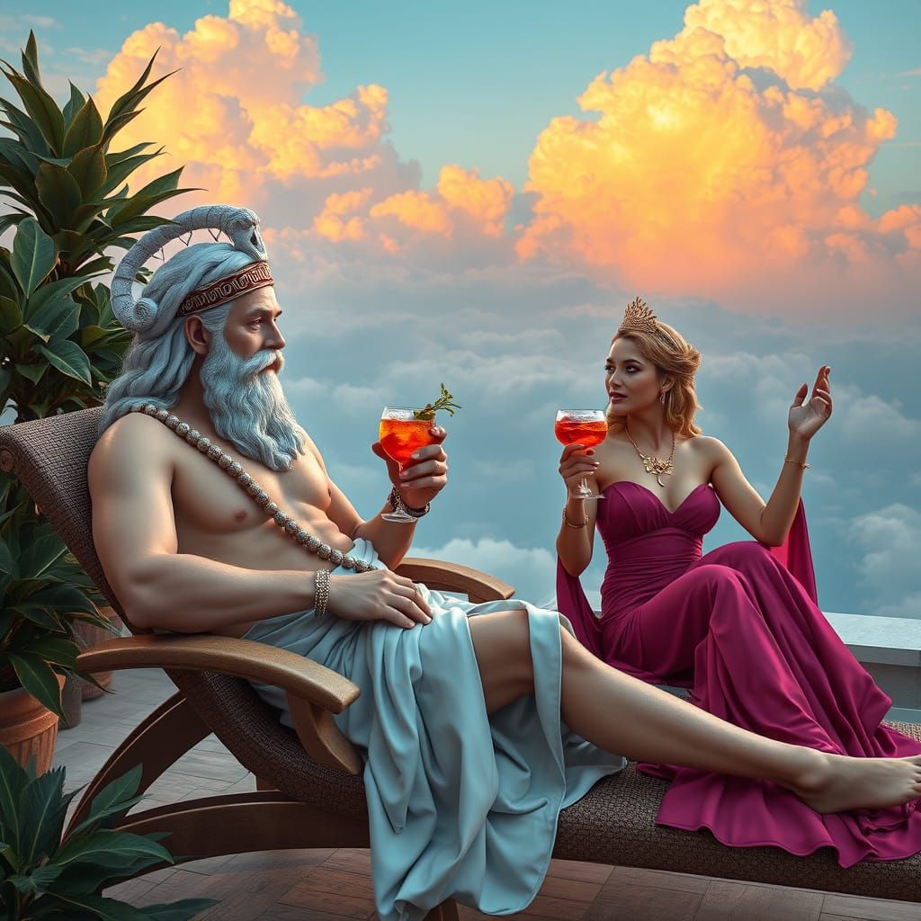 Zeus and Hera Enjoy Cocktails in the Clouds