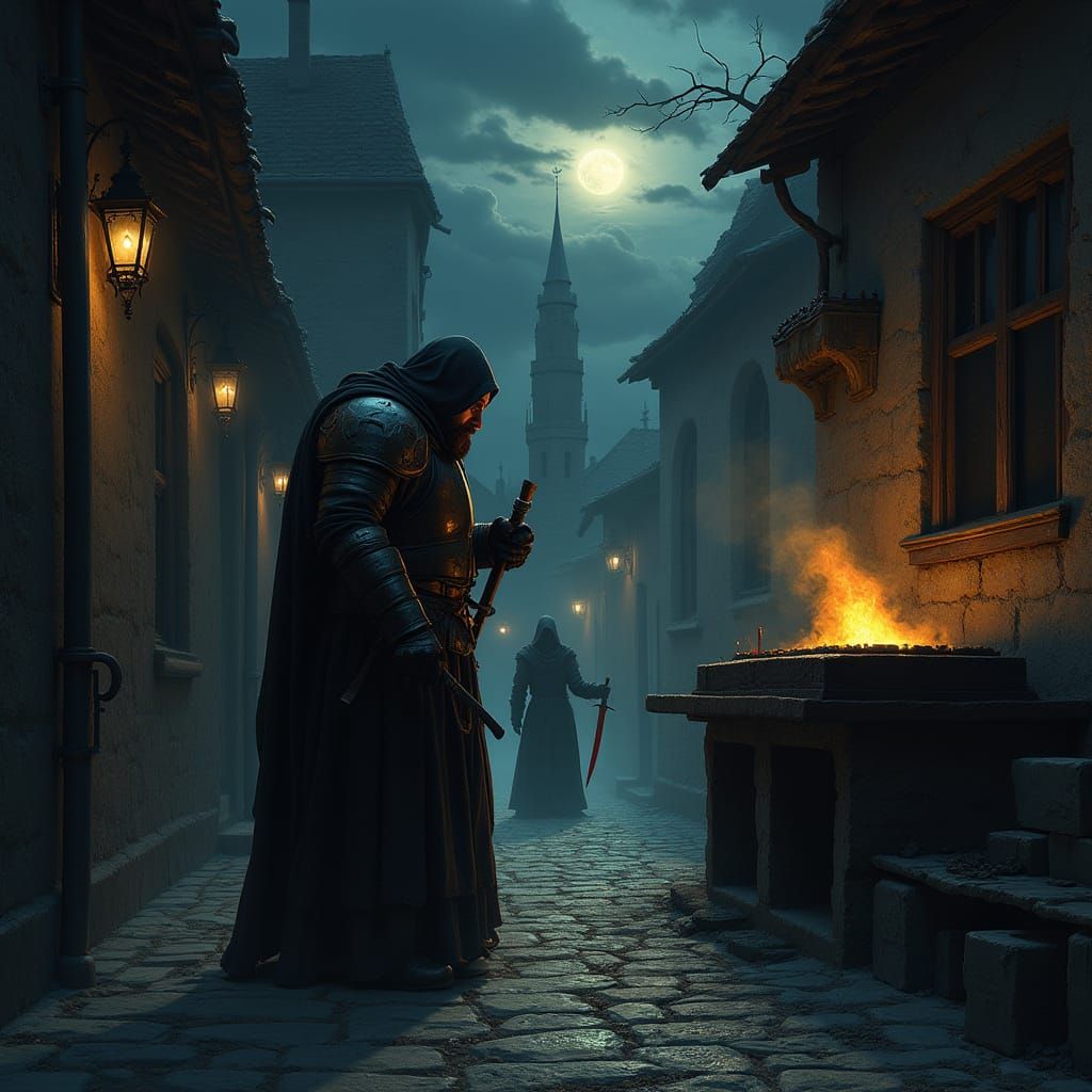 Dark Alleyway in Oxenfurt's Shadows, Illuminated by Lanterns